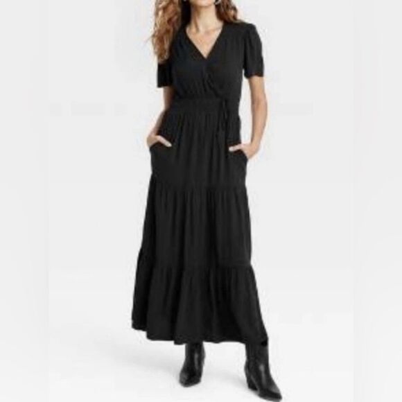 Knox Rose Black Tiered Maxi Dress Short Sleeve Whimsigoth Goth Witchy Size Large - Picture 1 of 6